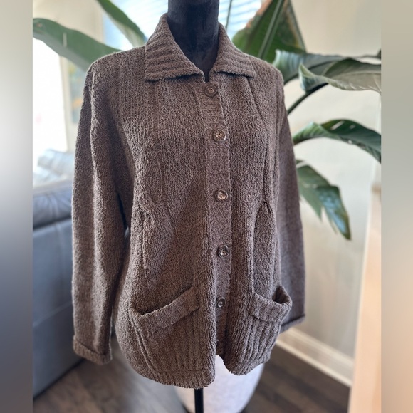 Chunky Knit CO & EDDY Button Up Cardigan Sweater Taupe Brown Women M - Picture 10 of 11